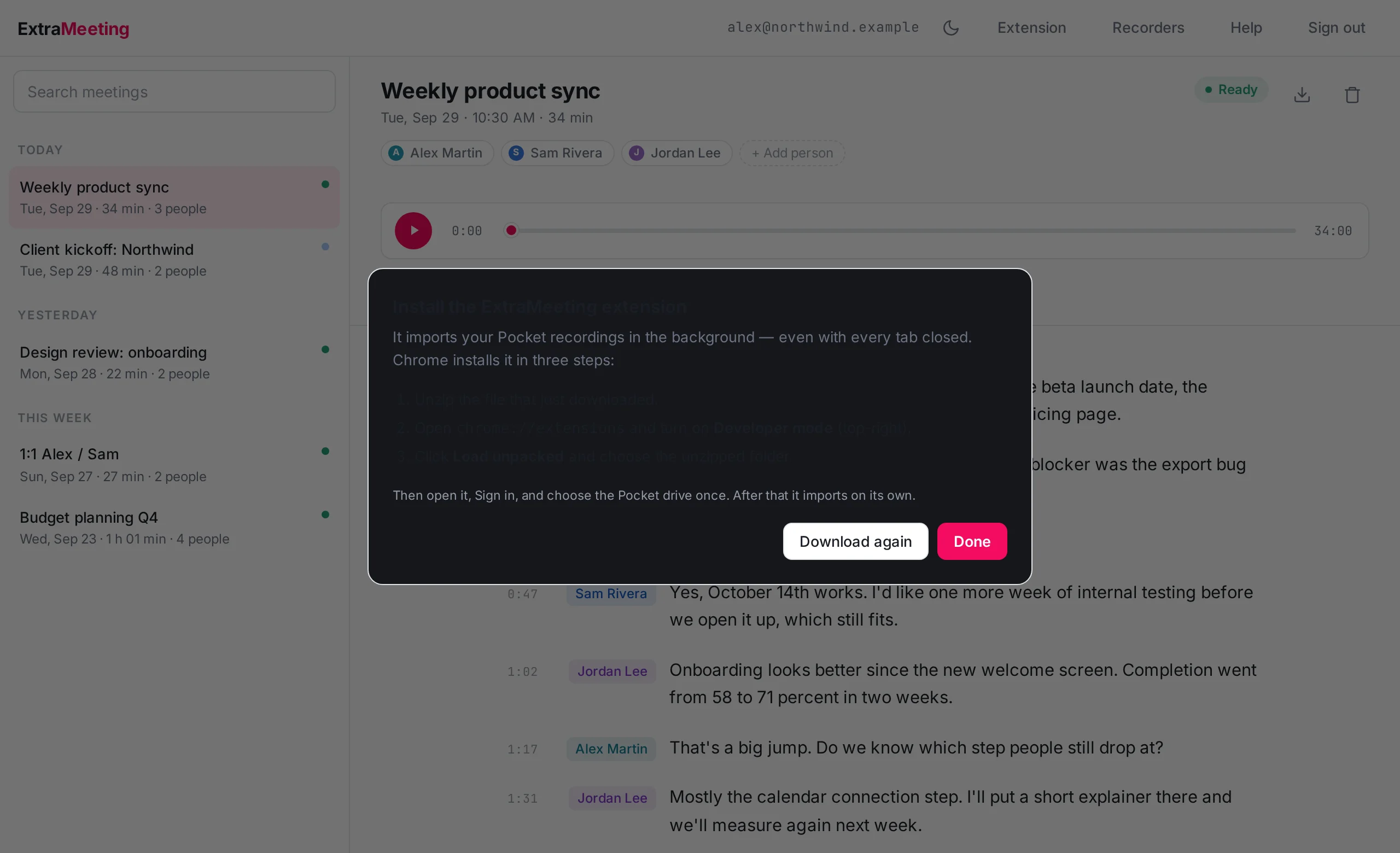 The Install the ExtraMeeting extension dialog