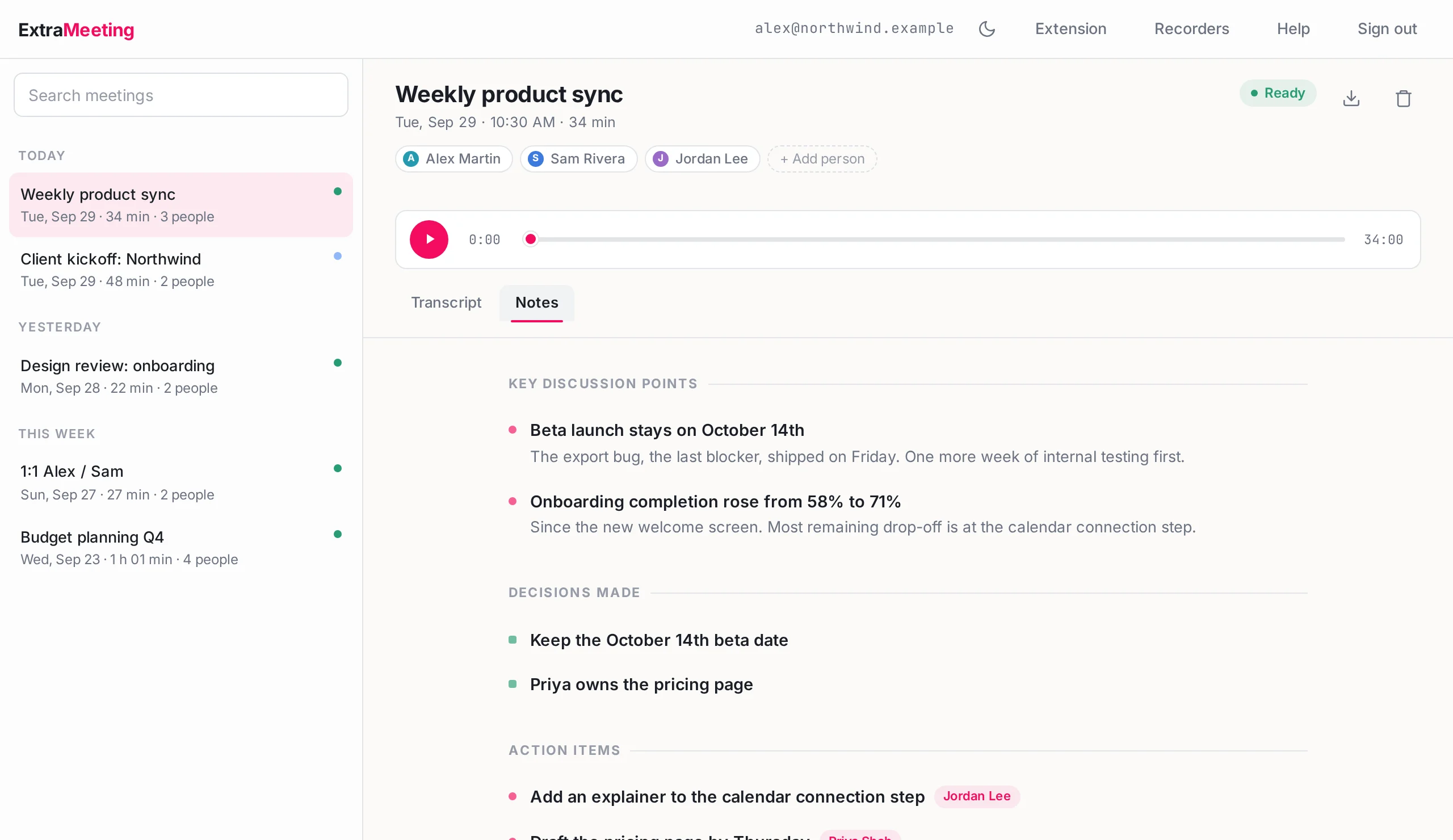 The Notes tab: key discussion points, decisions made, and action items with owners
