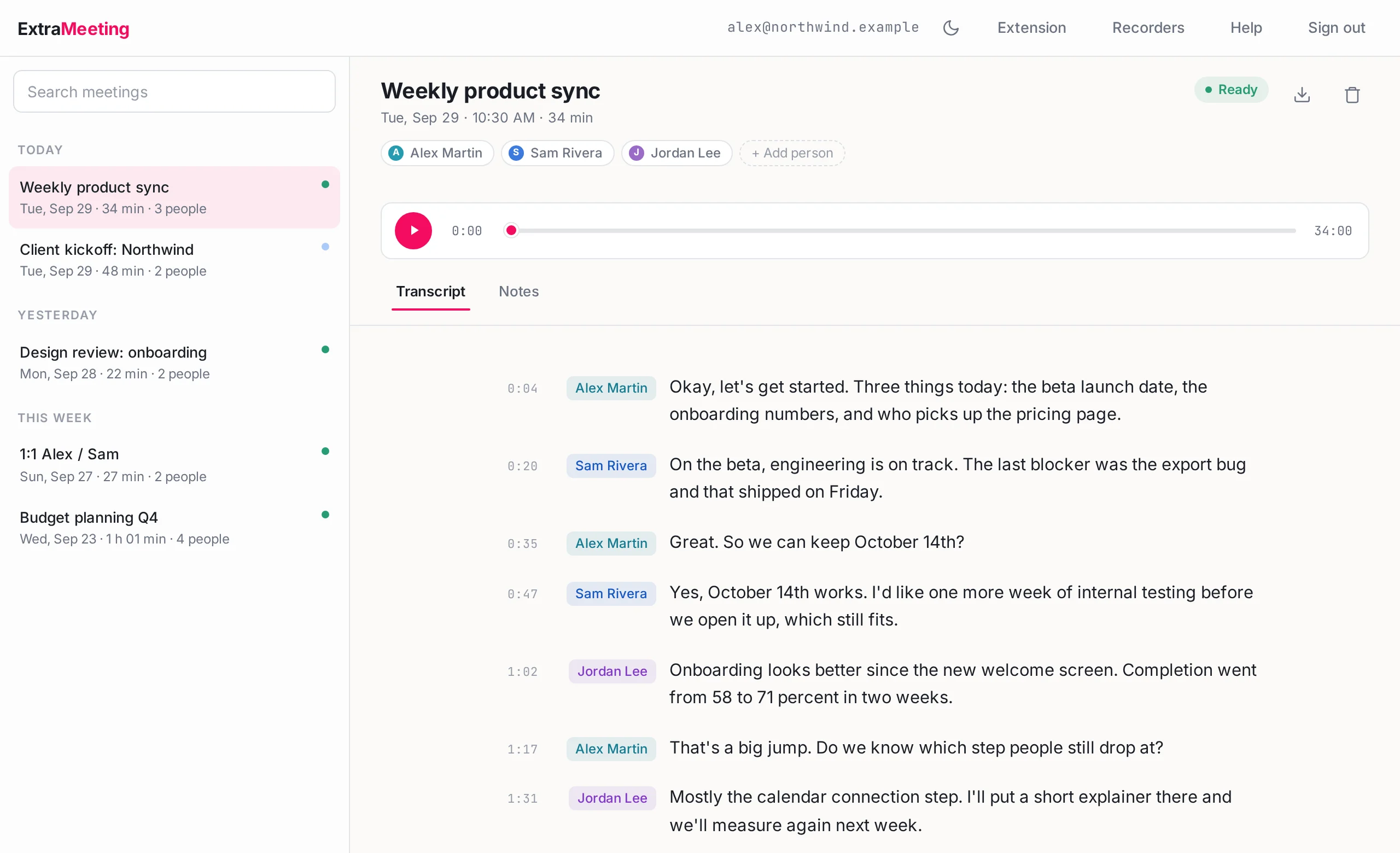 The ExtraMeeting console: the meeting list on the left, a transcript with speakers and timestamps on the right